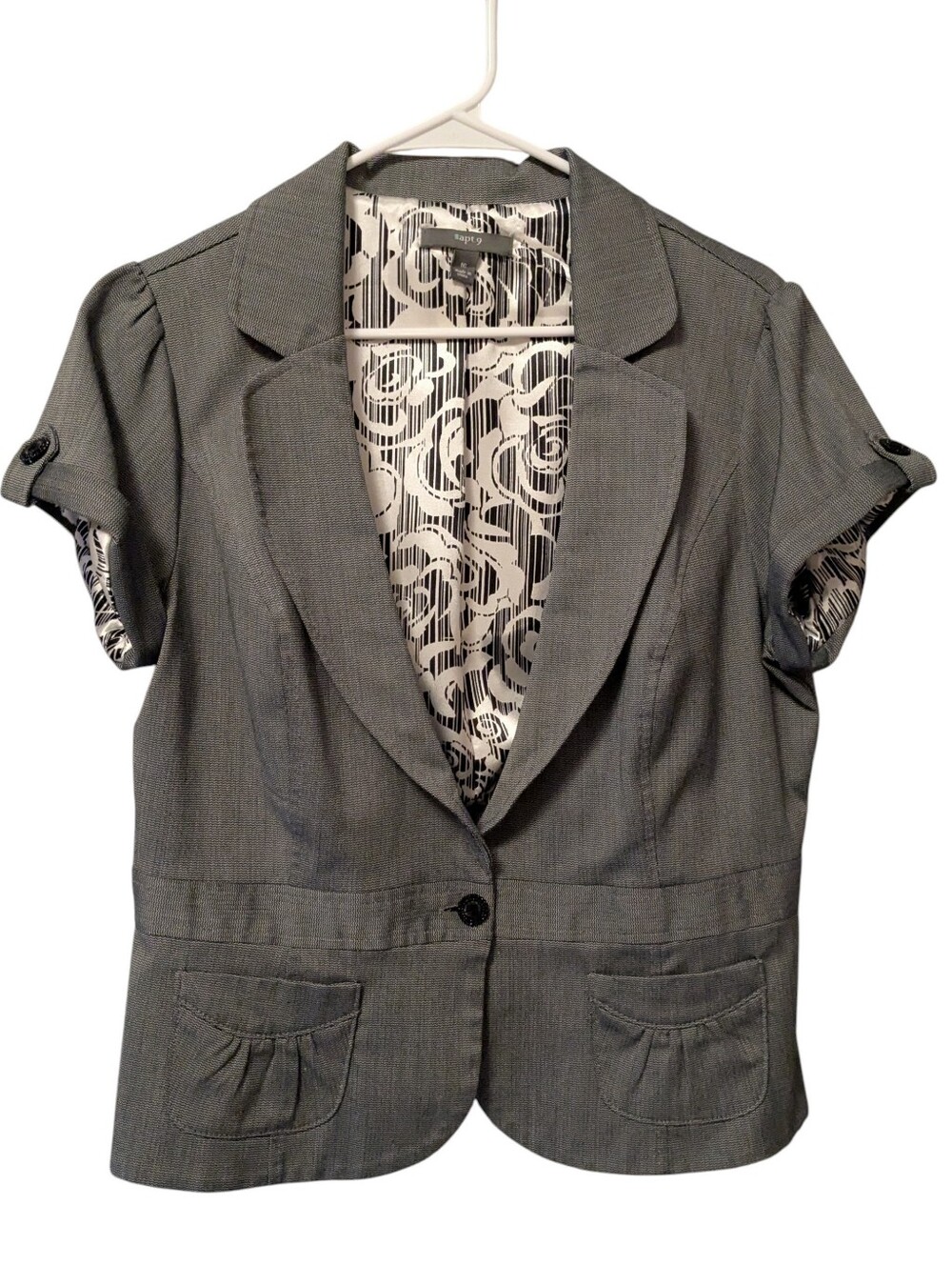 Apt 9 Gray Short Sleeve Tailored Blazer with Patterned Lining Sz. 16